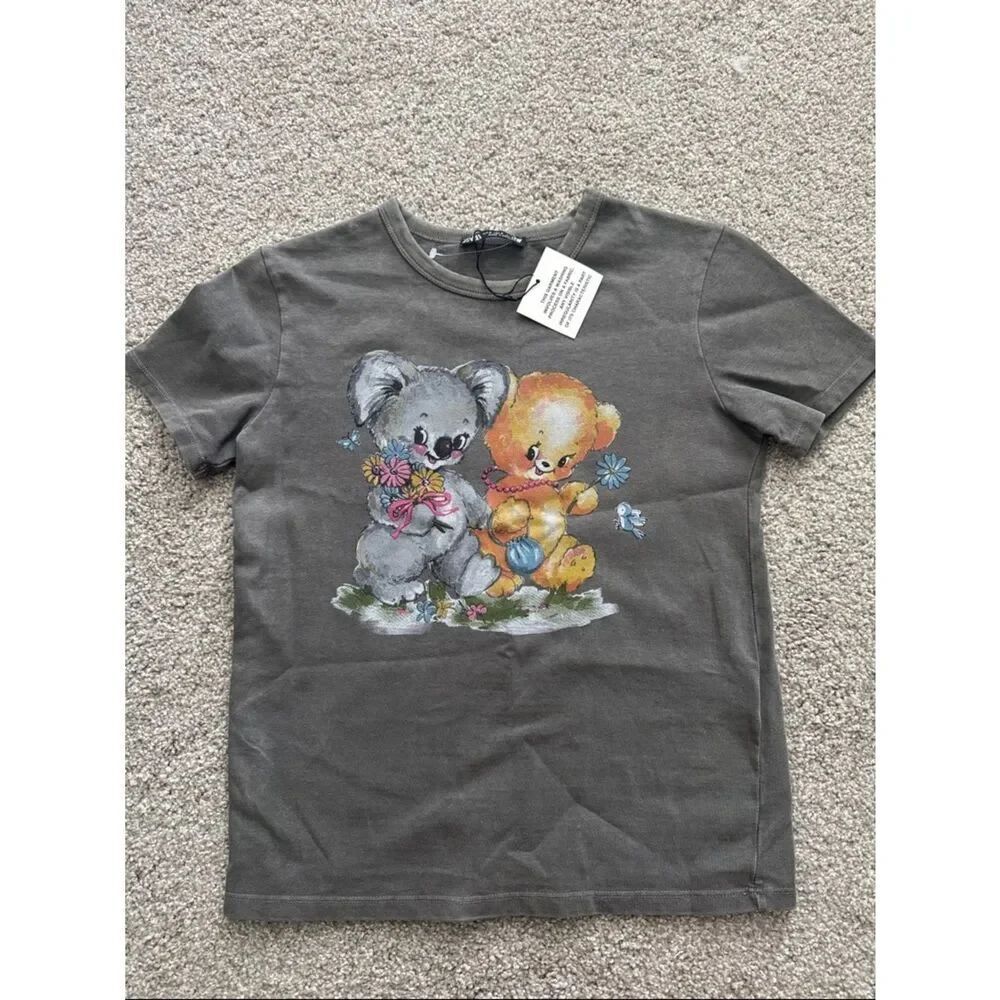 ZARA Cute Koala & Bear Graphic Tee - Charcoal Gray WASHED S